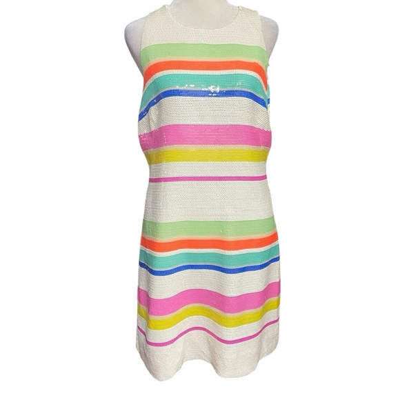 Kate Spade White Pink Cape Multi Stripe Sequin Lined Shift Dress Size 6 Party - Picture 2 of 15